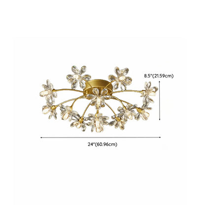 Modern Floral Crystal Golden Semi Flush Ceiling Light