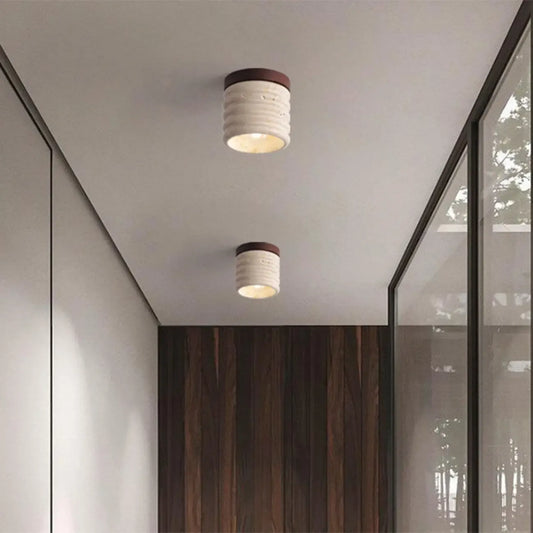 Modern Cylinder Stone Beige Flush Ceiling Light for Hallway