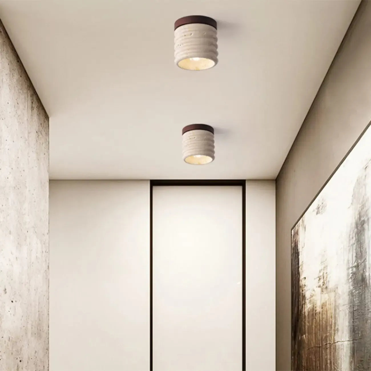 Modern Cylinder Stone Beige Flush Ceiling Light for Hallway