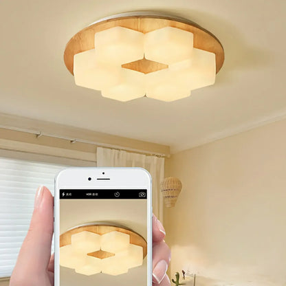 Nordic Honeycomb Natural Wooden Flush Mount Ceiling Light