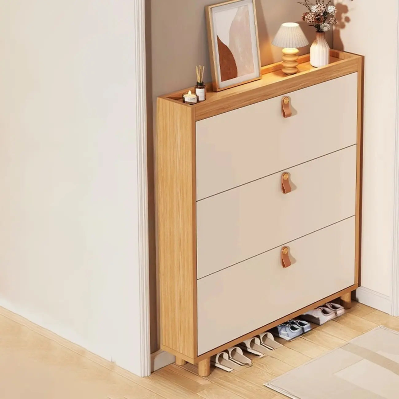 Natural Narrow Drop Front Shoe Cabinet with Doors