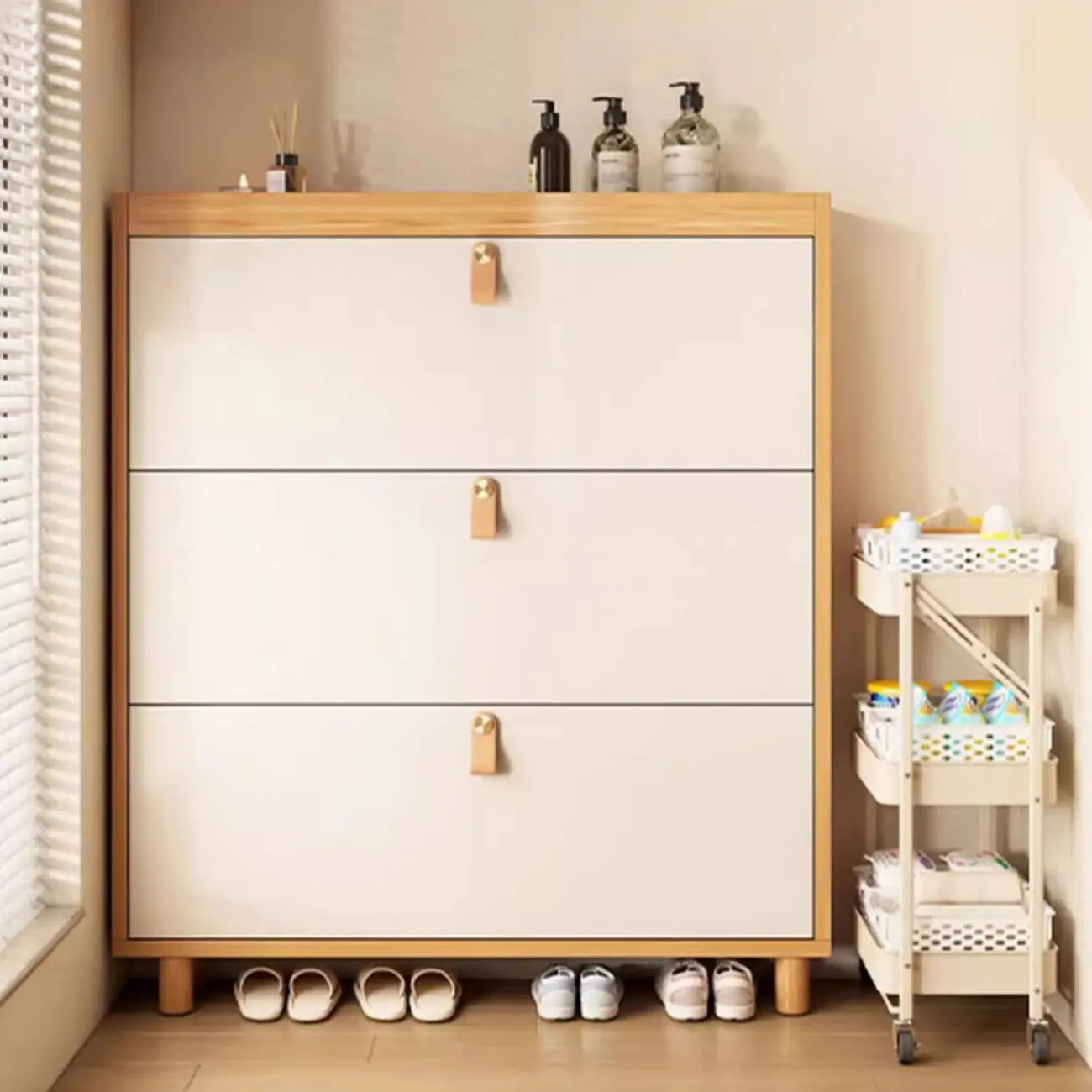 Natural Narrow Drop Front Shoe Cabinet with Doors
