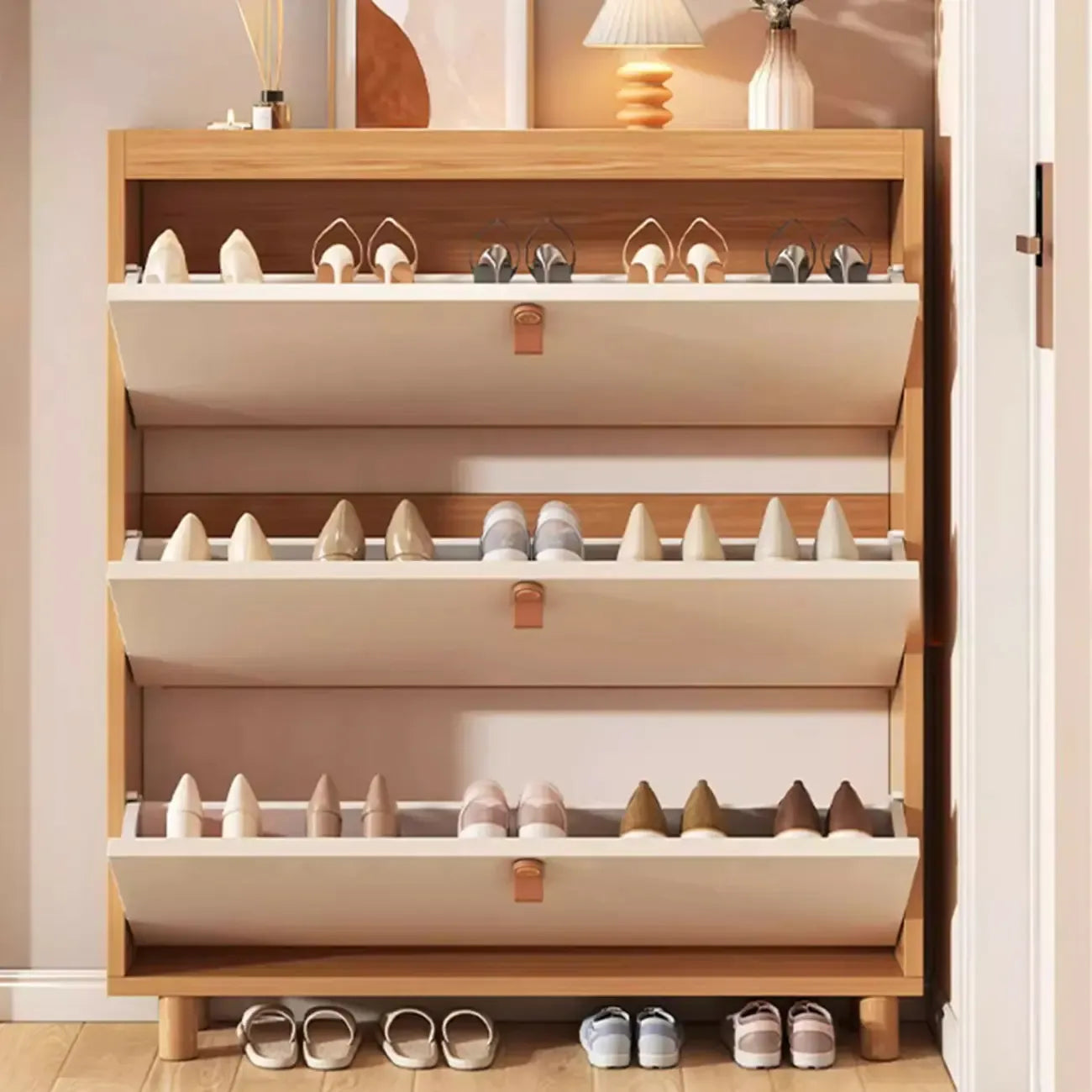 Natural Narrow Drop Front Shoe Cabinet with Doors