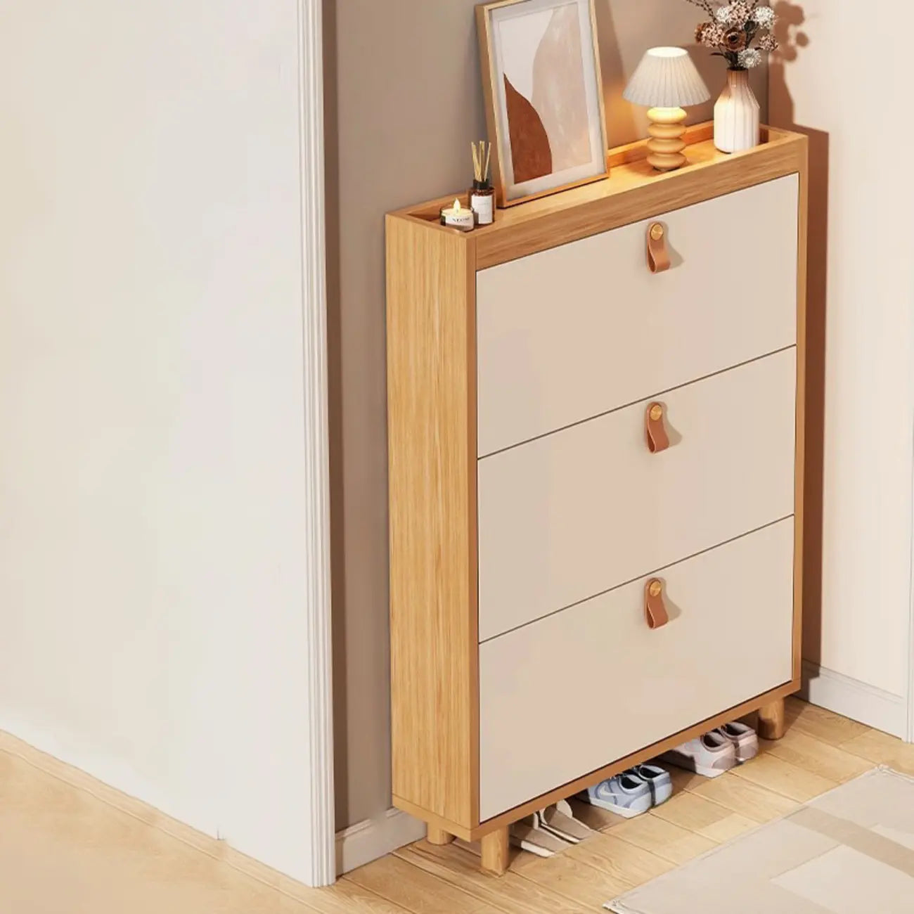 Natural Narrow Drop Front Shoe Cabinet with Doors