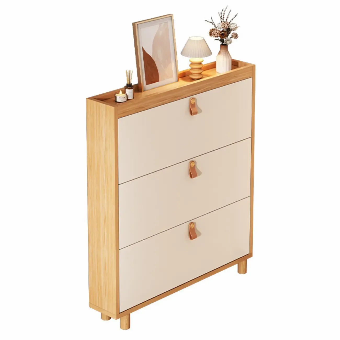 Natural Narrow Drop Front Shoe Cabinet with Doors