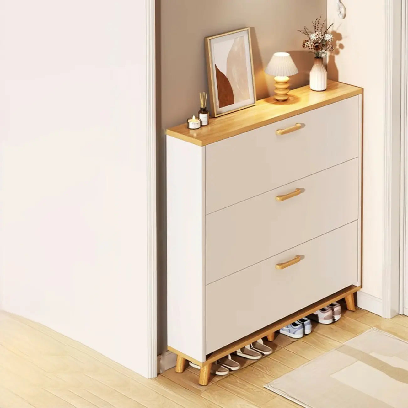Natural Narrow Drop Front Shoe Cabinet with Doors