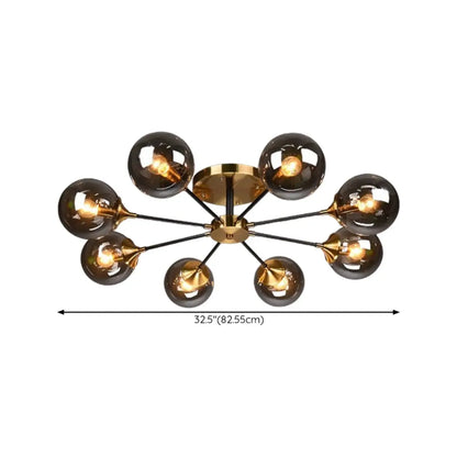 Large Smoke Grey Globe Glass Sputnik Semi Flush Ceiling Light