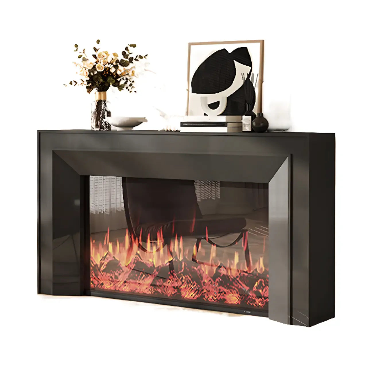 Rectangle White Solid Wood TV Stand with Fireplace & Lights