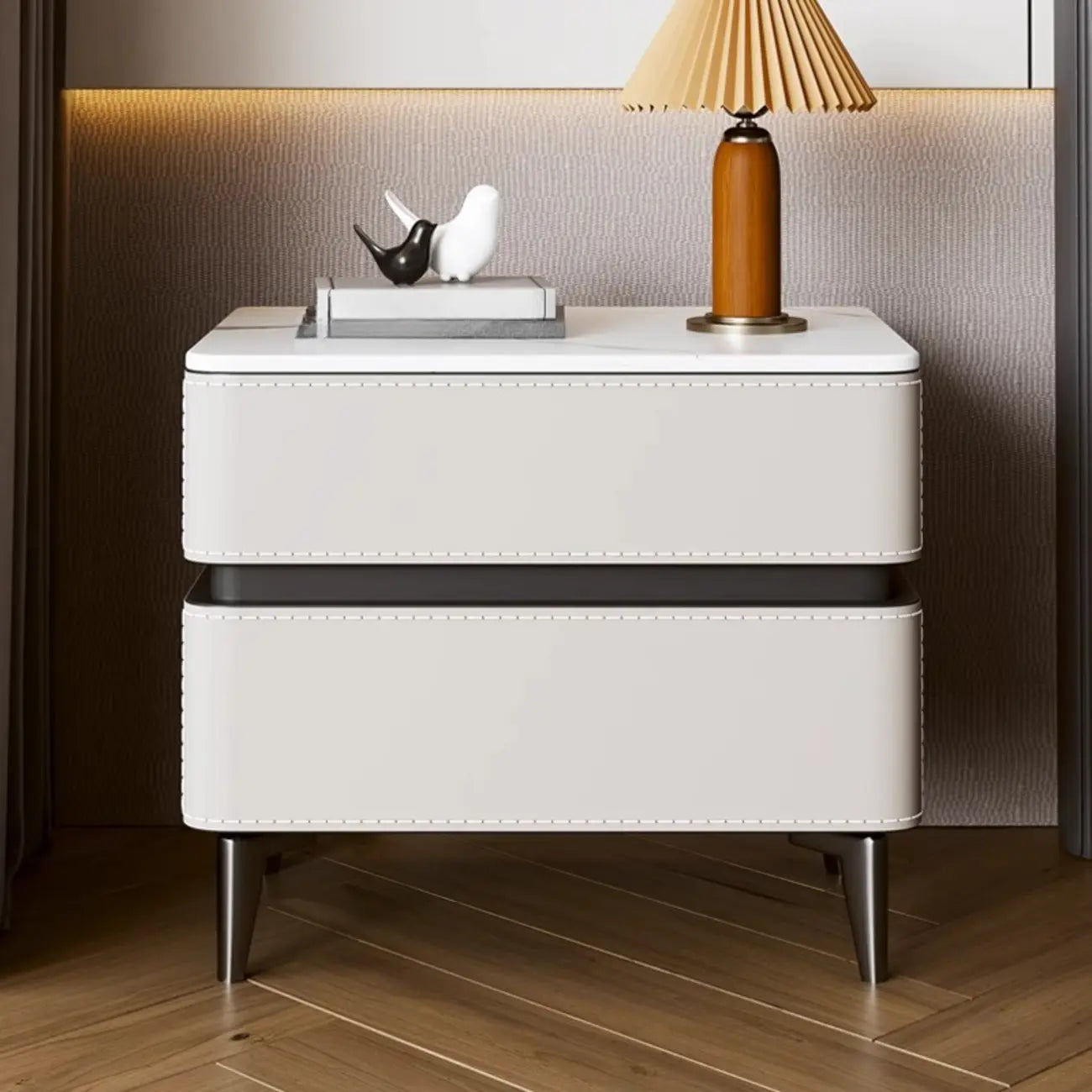 Modern Faux Leather Stone Top 2-Drawer Nightstand
