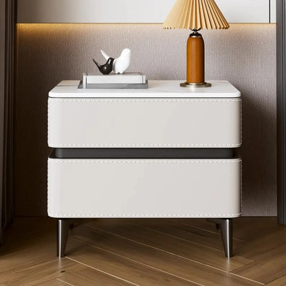 Modern Faux Leather Stone Top 2-Drawer Nightstand