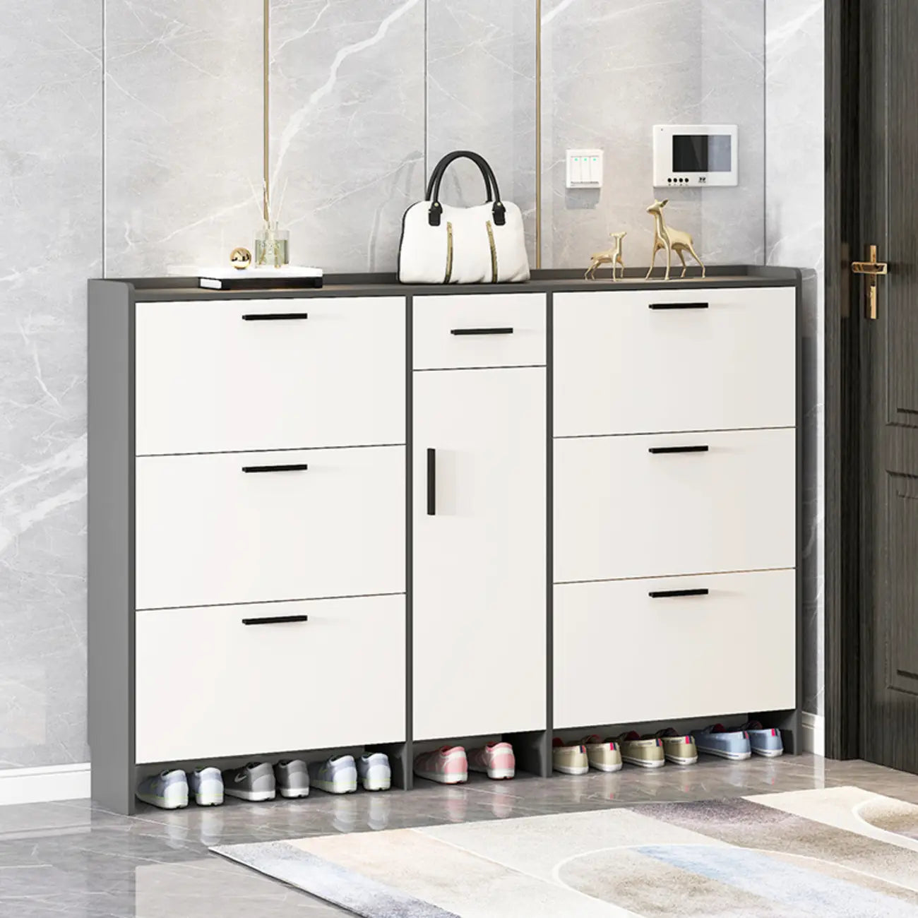 White Wood Shoe Cabinet with Flip Drawer for Entryway