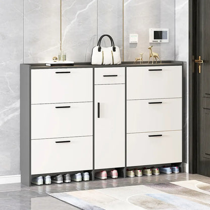 White Wood Shoe Cabinet with Flip Drawer for Entryway