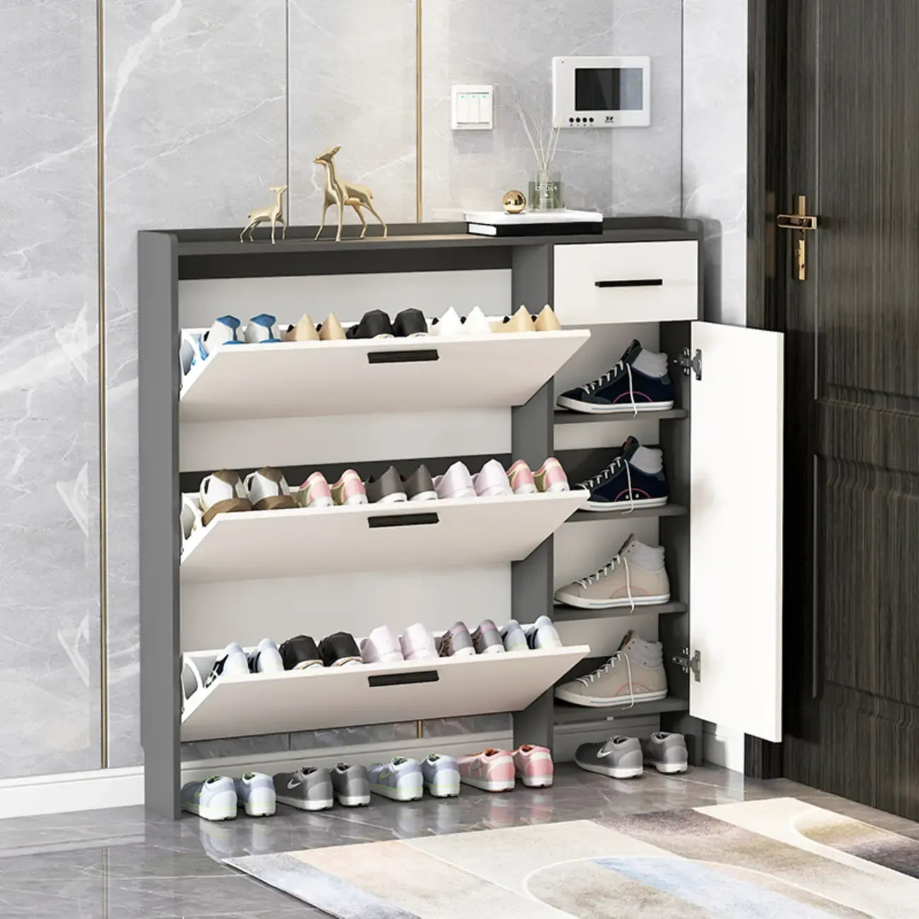 White Wood Shoe Cabinet with Flip Drawer for Entryway