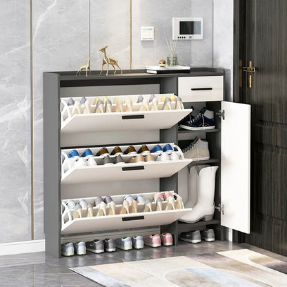 White Wood Shoe Cabinet with Flip Drawer for Entryway