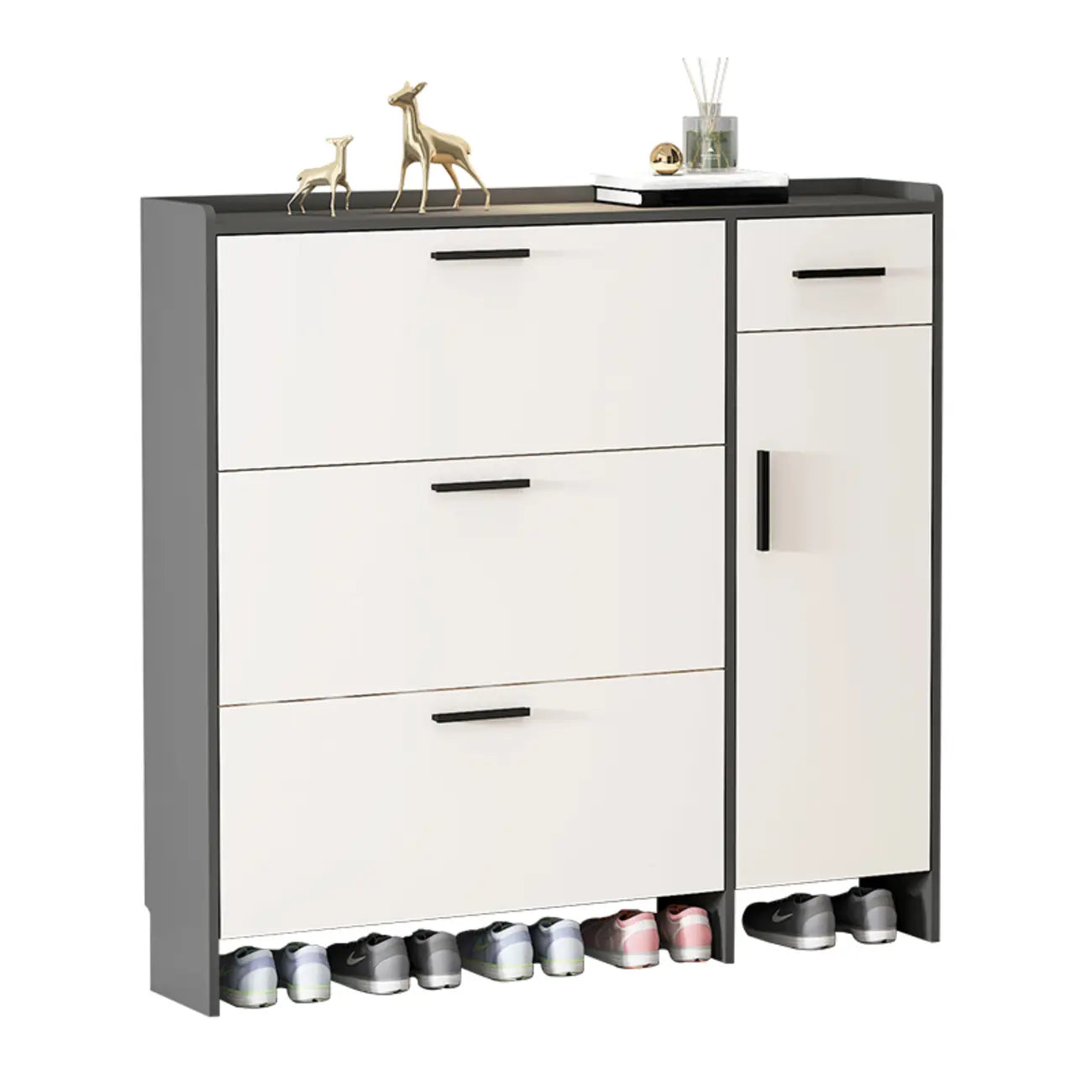 White Wood Shoe Cabinet with Flip Drawer for Entryway