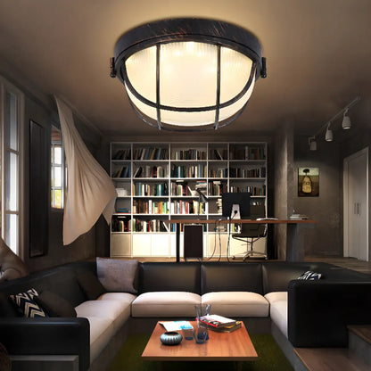 Industrial Black Round Metal LED Flush Ceiling Light