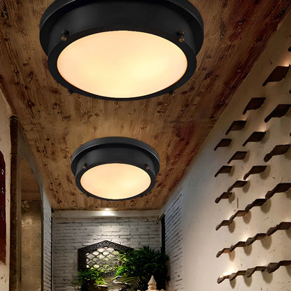 Industrial Black Round Metal LED Flush Ceiling Light