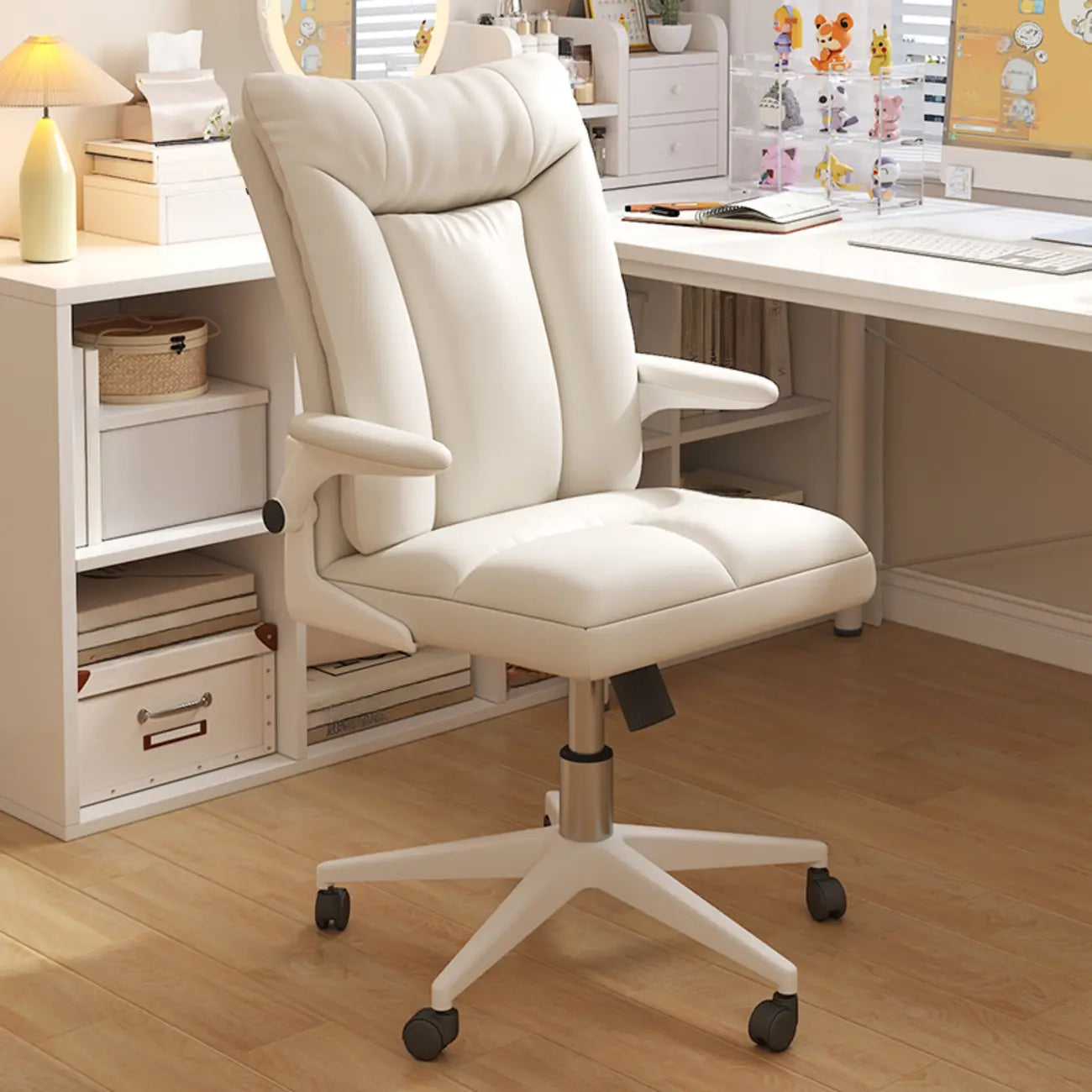 Modern White Fabric Upholstered Adjustable Swivel Office Chair