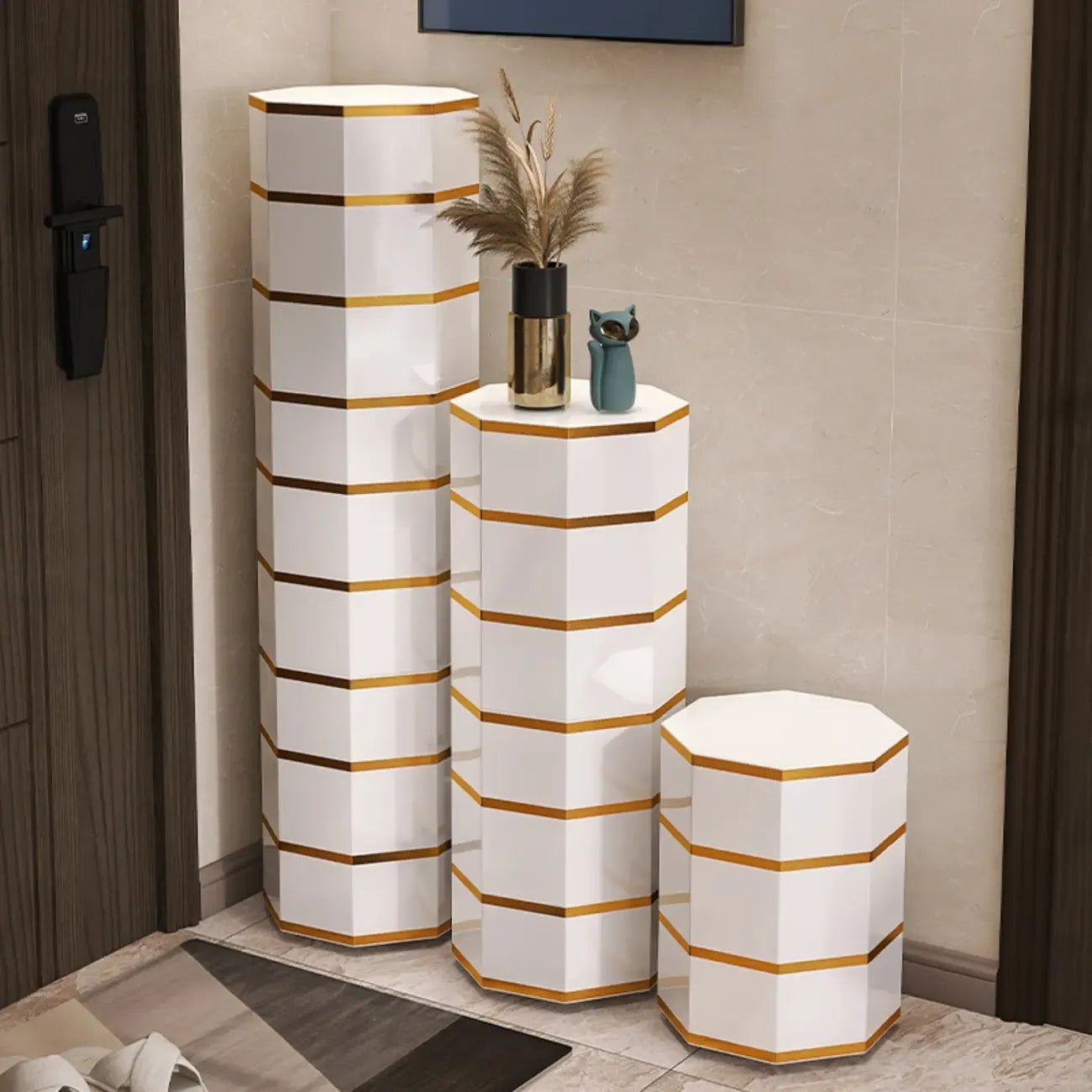 Rotating Glam White Metal Hexagon Entryway Shoe Cabinet