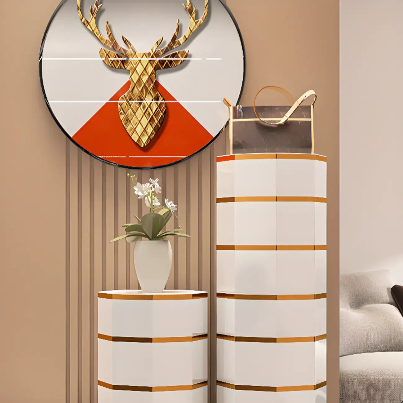 Rotating Glam White Metal Hexagon Entryway Shoe Cabinet