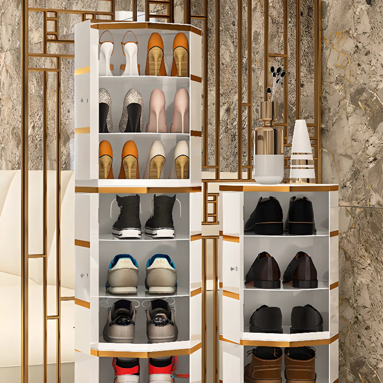 Rotating Glam White Metal Hexagon Entryway Shoe Cabinet