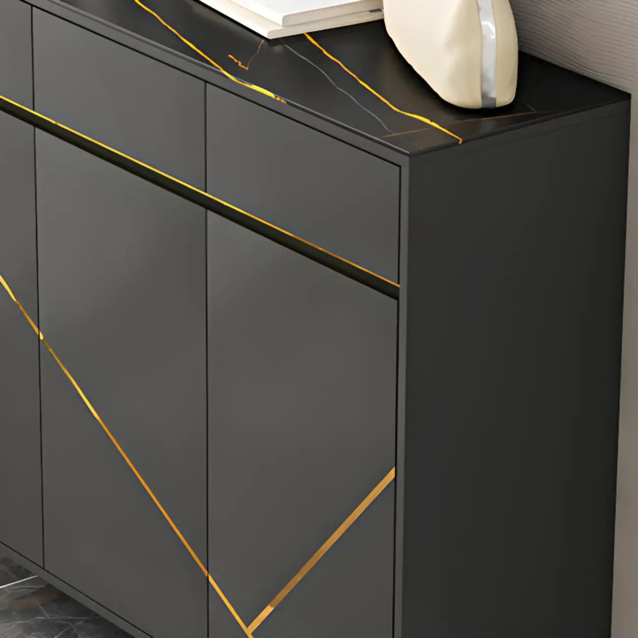 Trendy Gray Wood Shoe Cabinet with Drawers & Display Top
