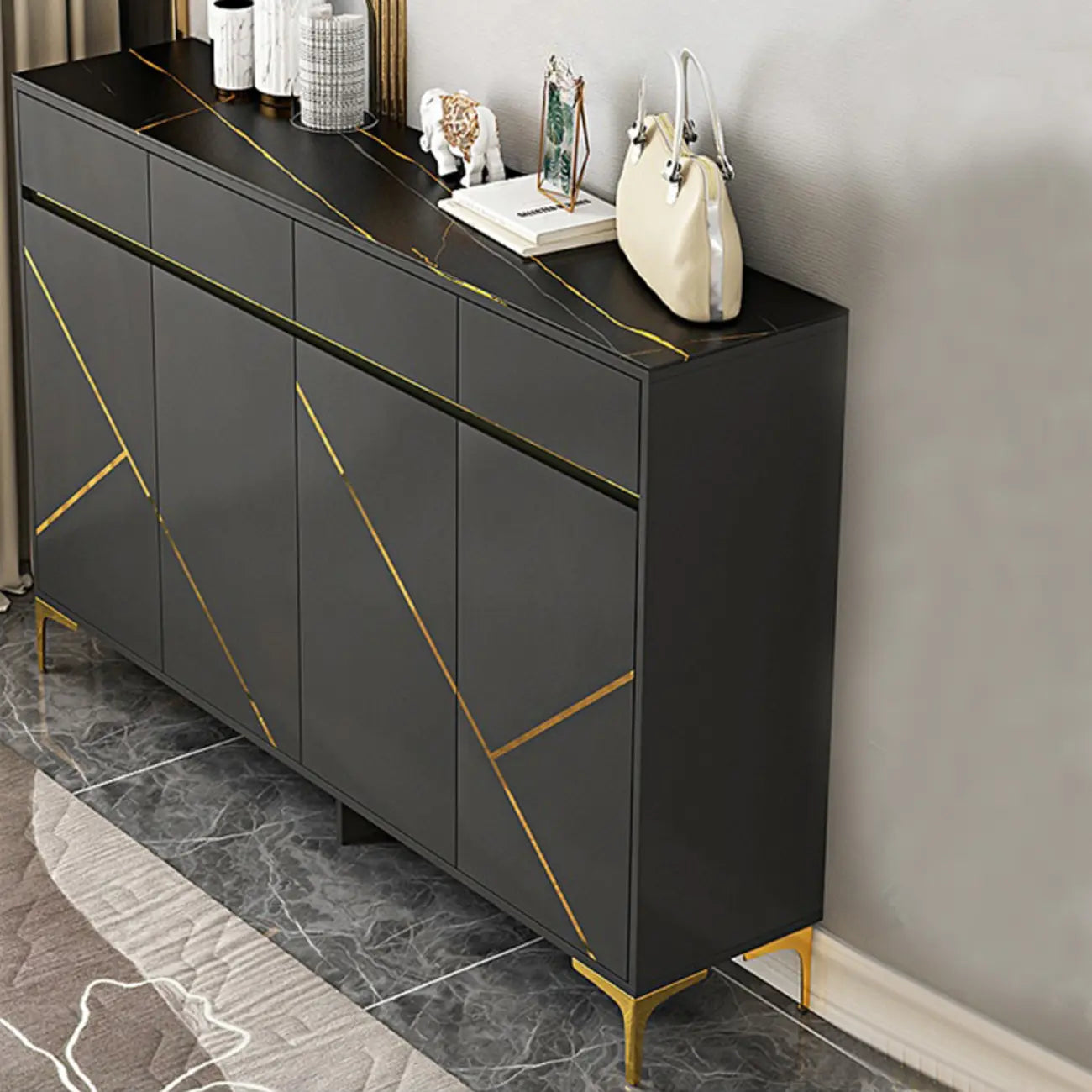 Trendy Gray Wood Shoe Cabinet with Drawers & Display Top