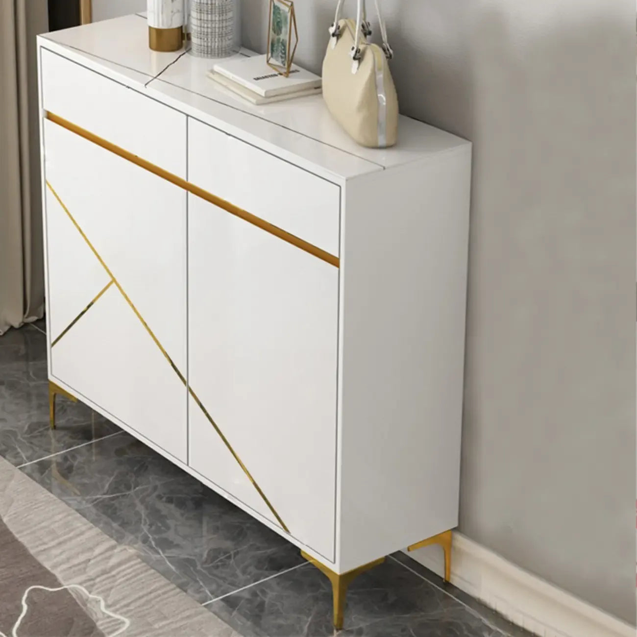 Trendy Gray Wood Shoe Cabinet with Drawers & Display Top