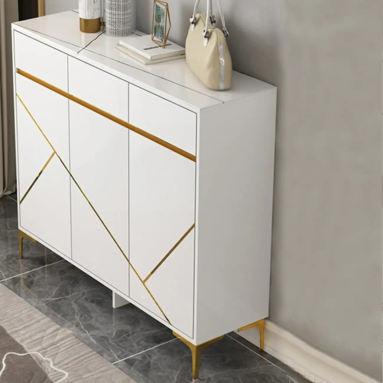 Trendy Gray Wood Shoe Cabinet with Drawers & Display Top