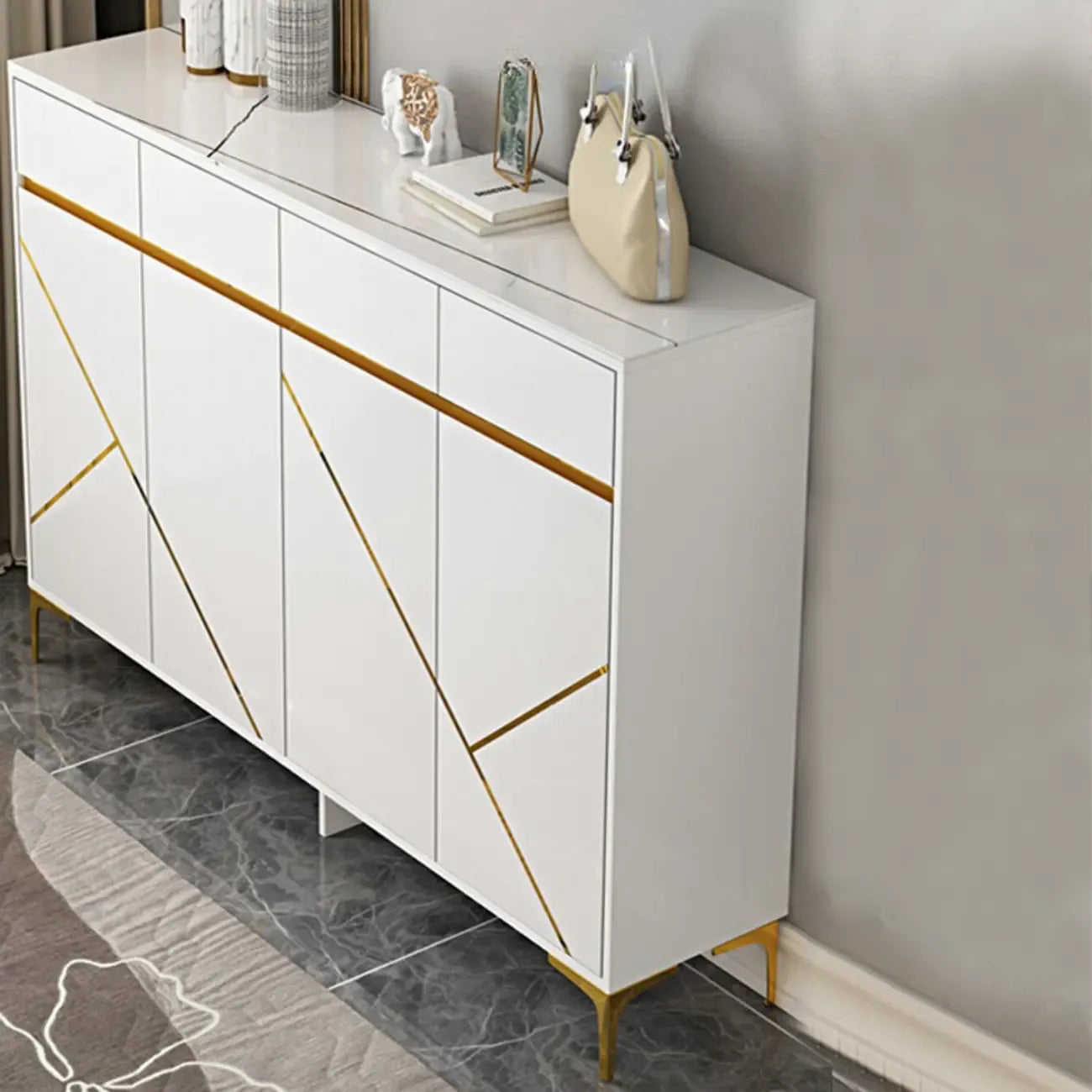 Trendy Gray Wood Shoe Cabinet with Drawers & Display Top