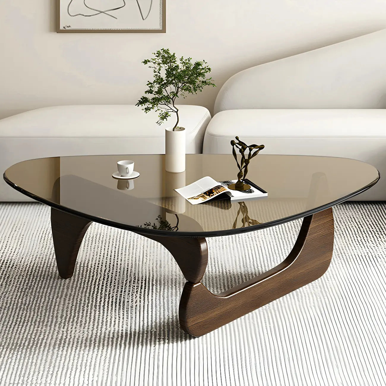 Modern Triangle Glass Coffee Table Wooden Base
