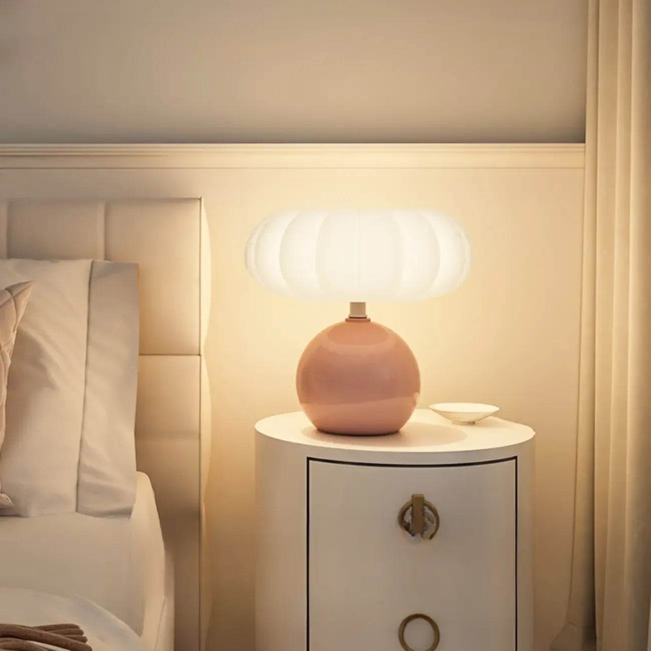 Pumpkin-Shape White Resin LED Table Lamp in 3 Color Light