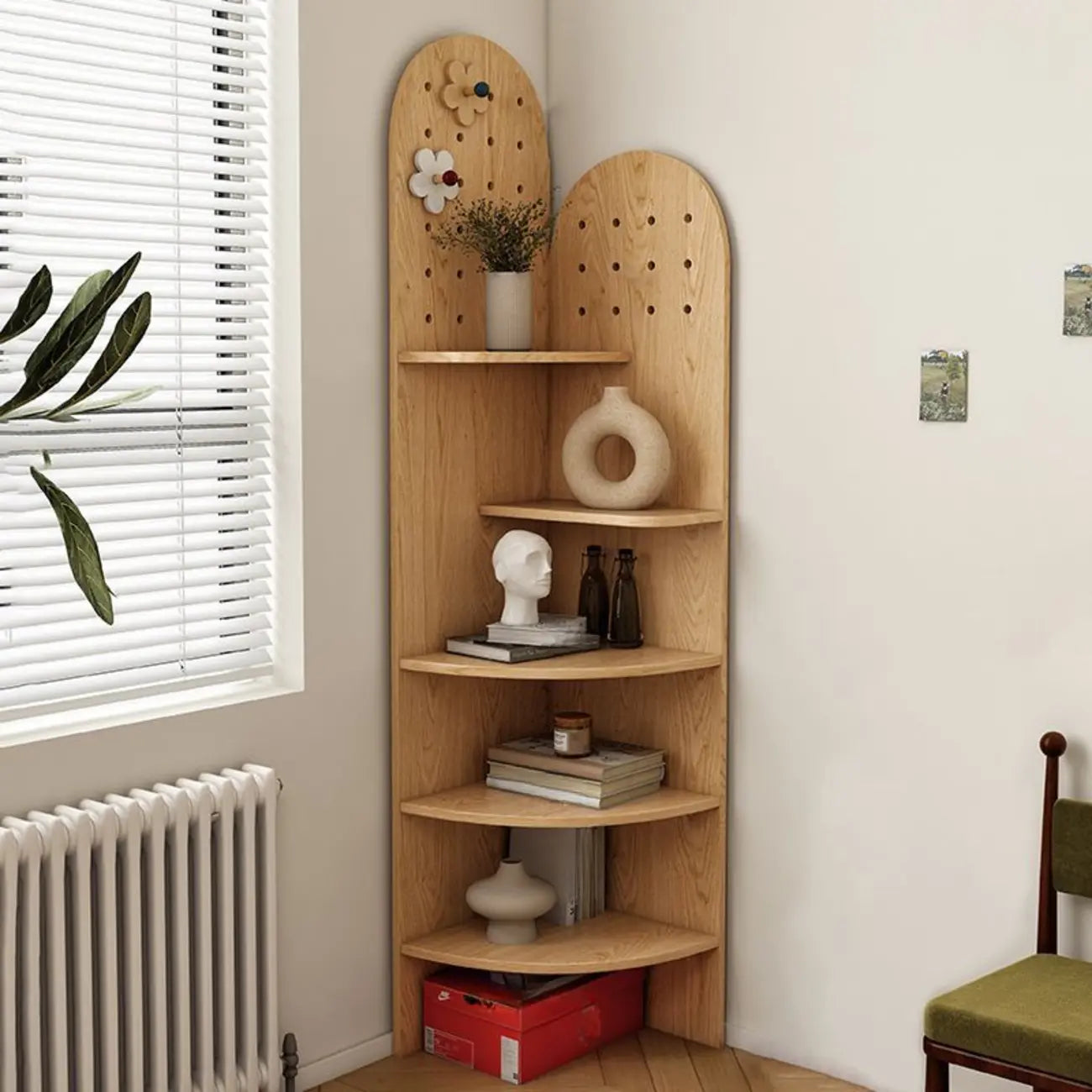Avocado Green Wood Corner Storage Art Display Cabinet