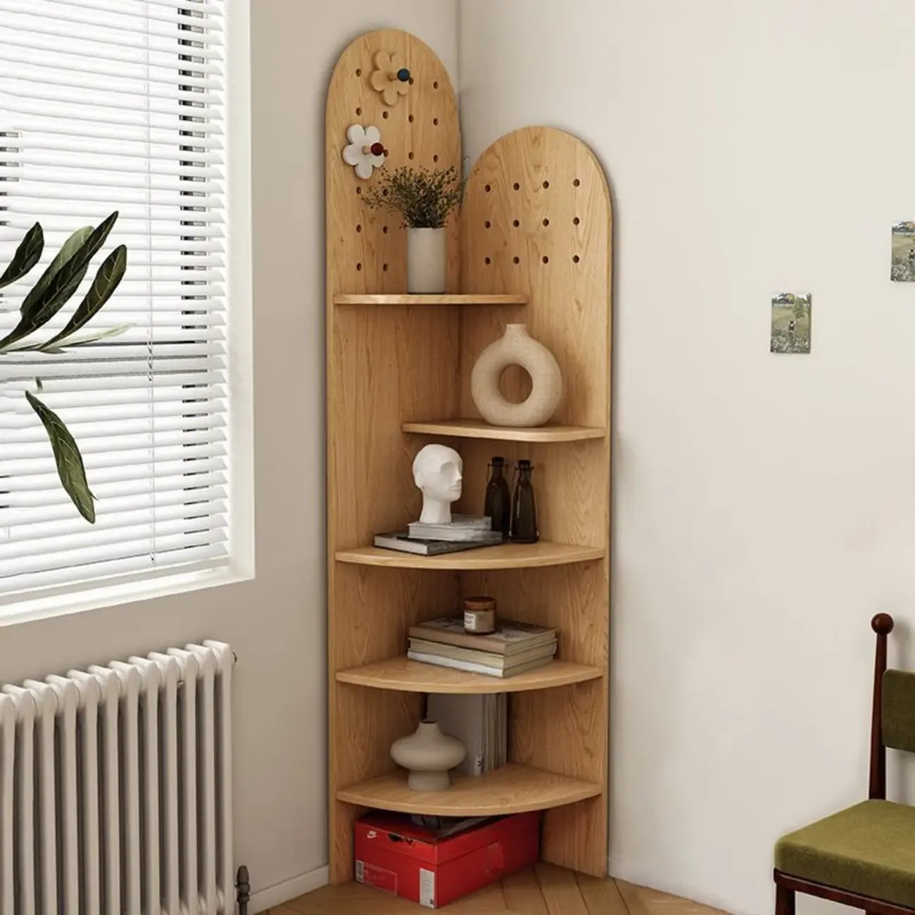 Avocado Green Wood Corner Storage Art Display Cabinet
