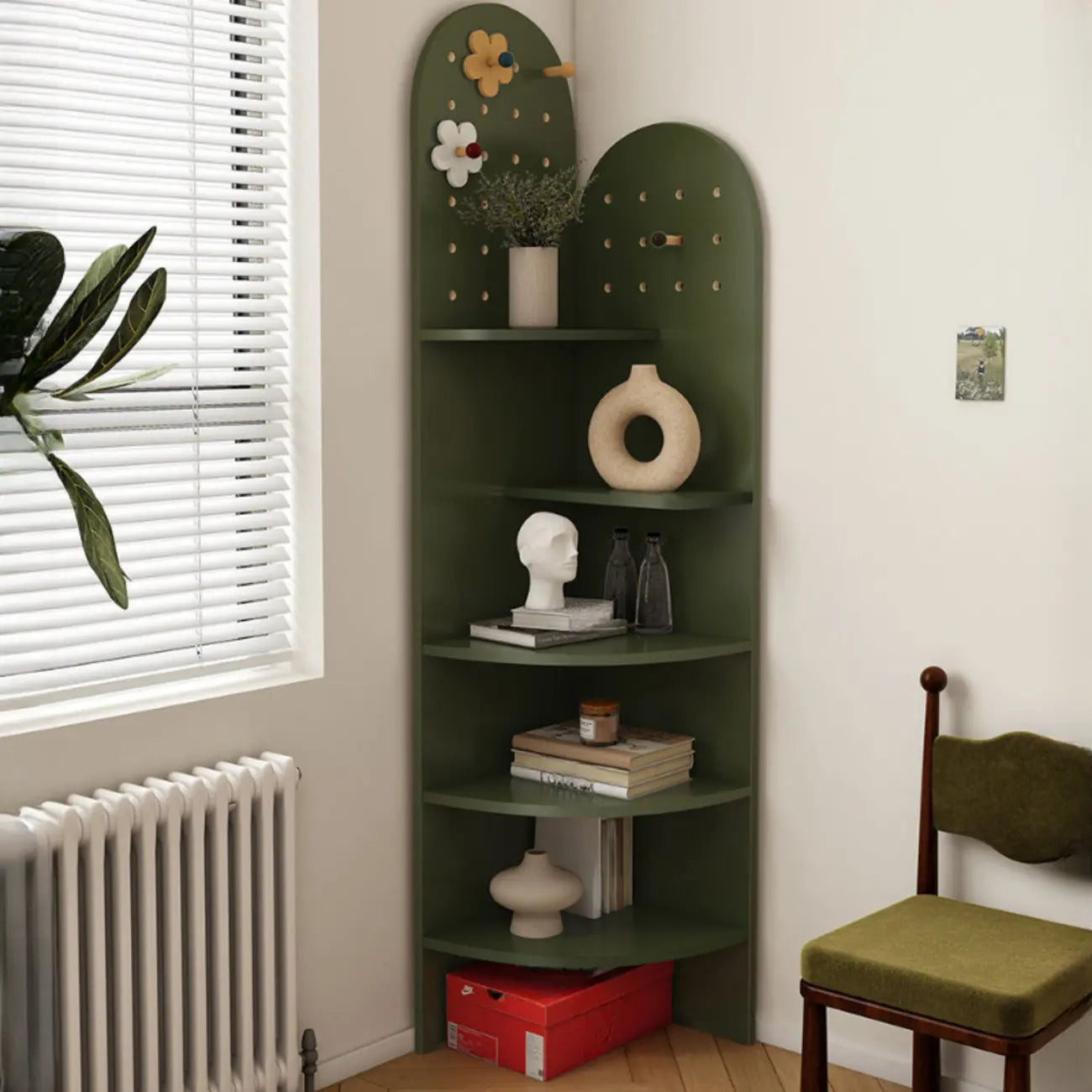 Avocado Green Wood Corner Storage Art Display Cabinet