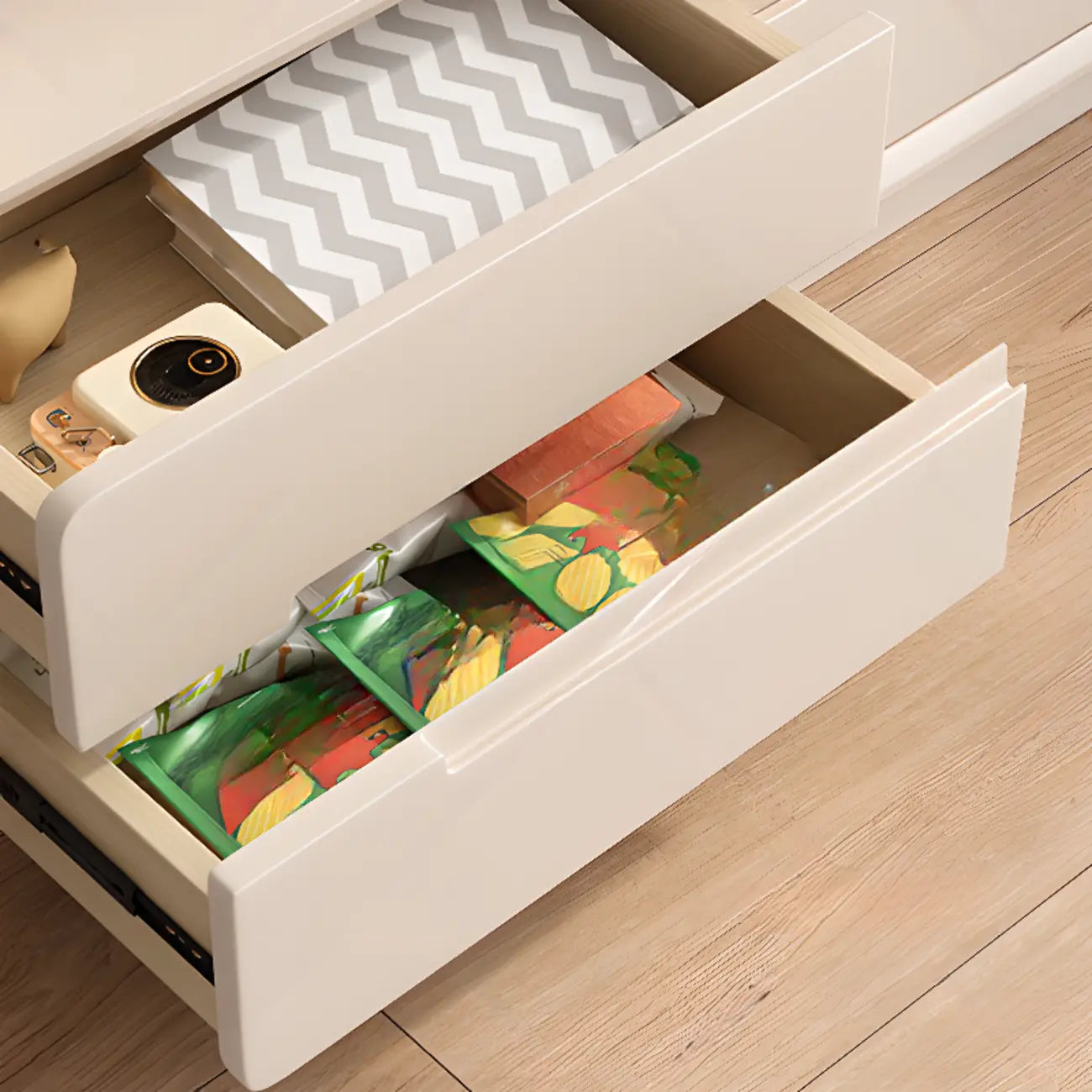 Minimalist White Wooden TV Stand with Open Storage and Drawers