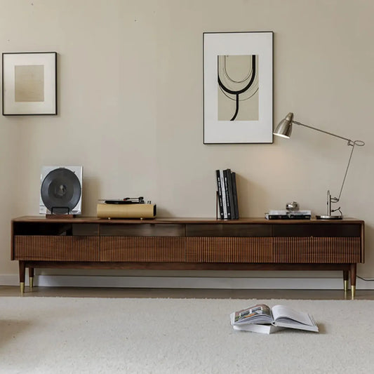 94.5 Long Brown Wood Walnut Fluted TV Stand with Drawers