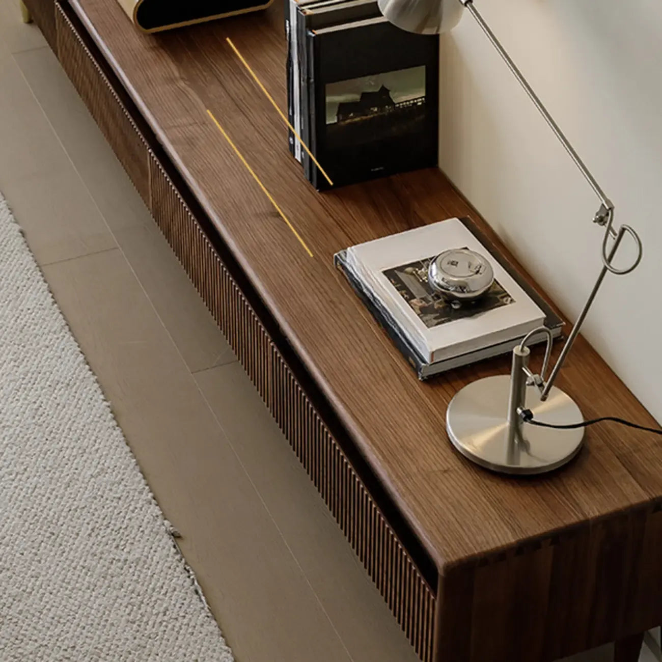94.5 Long Brown Wood Walnut Fluted TV Stand with Drawers