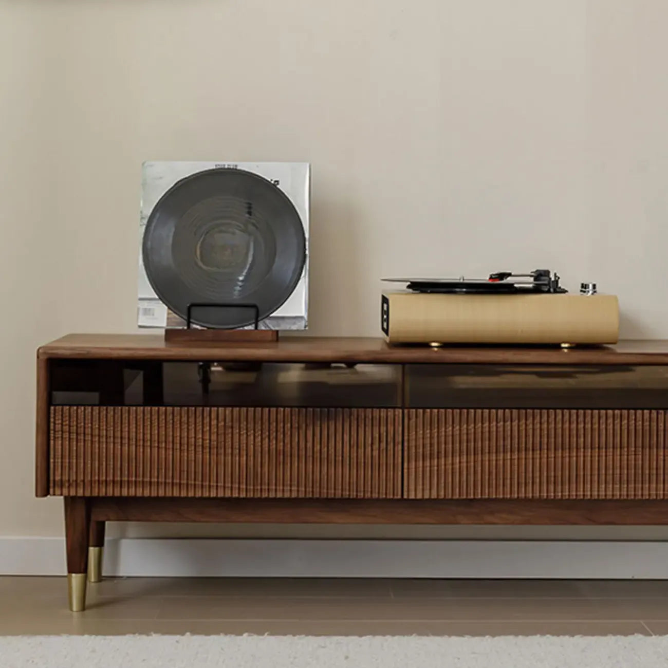 94.5 Long Brown Wood Walnut Fluted TV Stand with Drawers