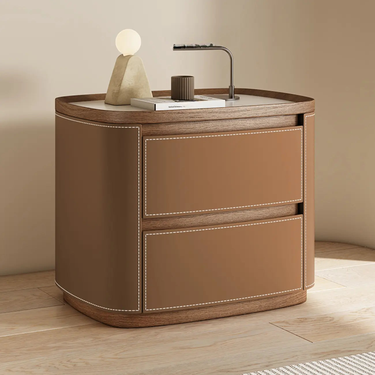 Trendy Low Tray-Top 2 Layer Solid Wood Nightstand