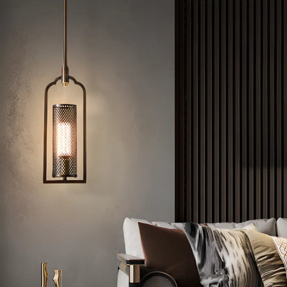 Antique Brass Cylinder Pendant Light with Copper Mesh Shade