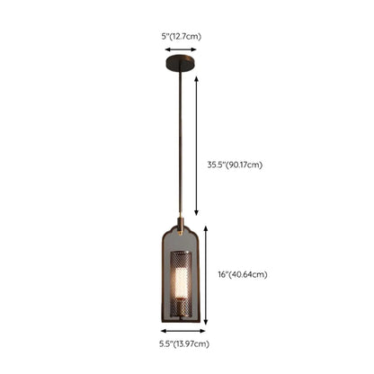 Antique Brass Cylinder Pendant Light with Copper Mesh Shade