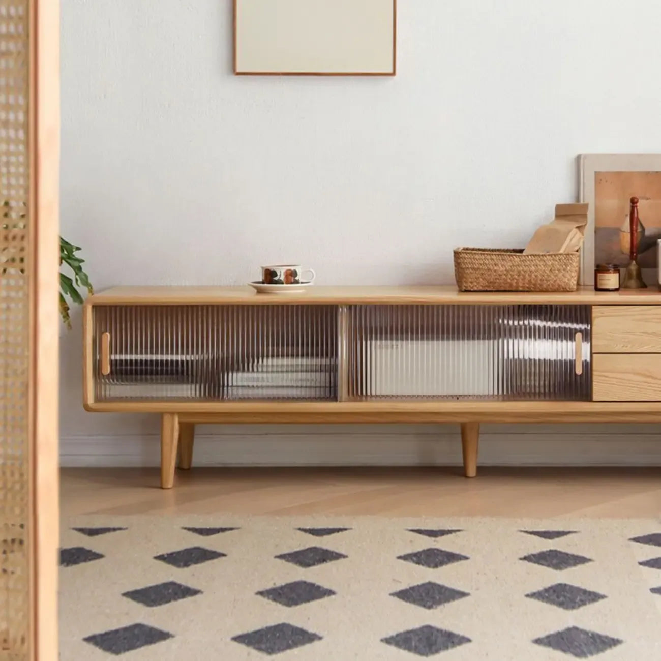 71 Natural Wooden Glass Sliding Door TV Stand with Drawers