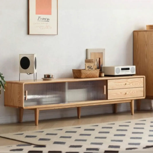 71 Natural Wooden Glass Sliding Door TV Stand with Drawers