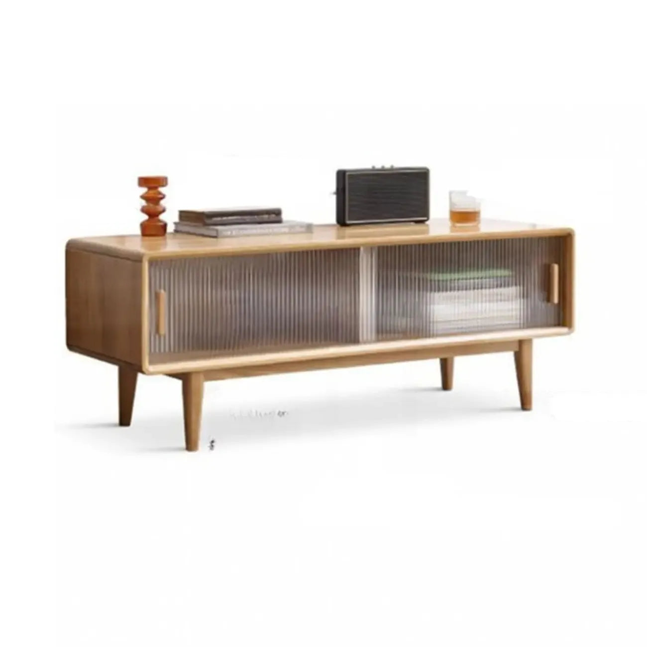 71 Natural Wooden Glass Sliding Door TV Stand with Drawers