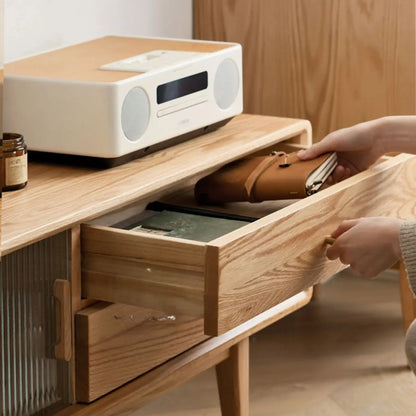 71 Natural Wooden Glass Sliding Door TV Stand with Drawers