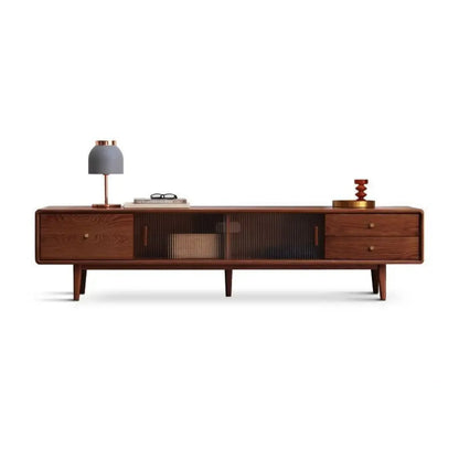 71 Natural Wooden Glass Sliding Door TV Stand with Drawers