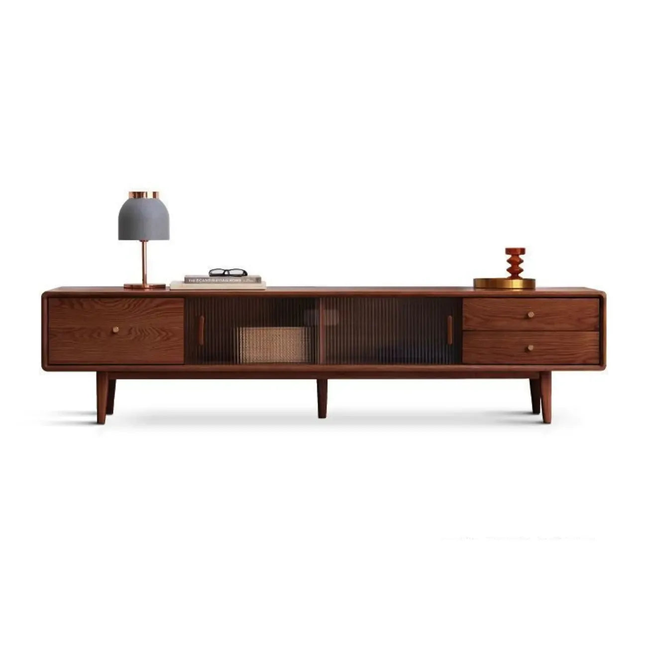 71 Natural Wooden Glass Sliding Door TV Stand with Drawers