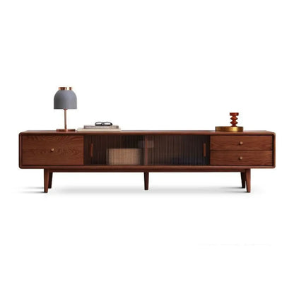71 Natural Wooden Glass Sliding Door TV Stand with Drawers