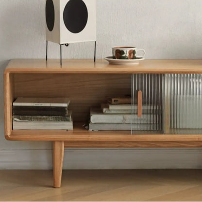 71 Natural Wooden Glass Sliding Door TV Stand with Drawers